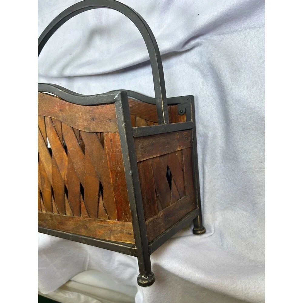 Rustic Wood & Metal Magazine Rack Holder Basket Woven Slat Farmhouse Organizer